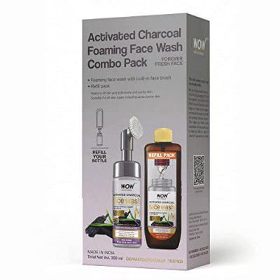 WOW Skin Science Activated Charcoal Foaming Face Wash Combo Pack- Consist of Foaming Face Wash with Built-In Brush & Refill Pack - No Parabens, Sulphate, Silicones & Color - Net Vol. 350mL