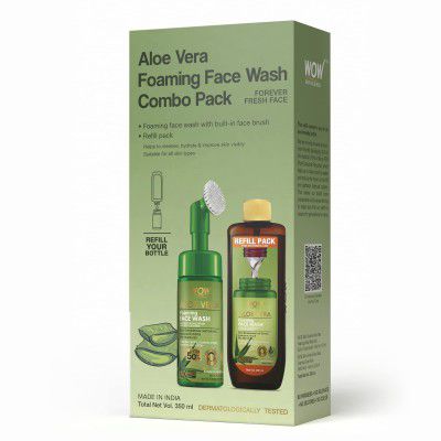 WOW Skin Science Aloe Vera Foaming Face Wash Combo Pack- Consist of Foaming Face Wash with Built-In Brush & Refill Pack - No Parabens, Sulphate, Silicones & Color - Net Vol. 350mL