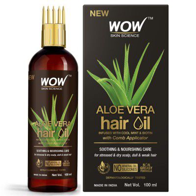 WOW Skin Science Aloe Vera Hair Oil for Scalp Soothing and Nourishment of Dry Scalp and Weak, Dull Hair - With Comb Applicator - 100ml