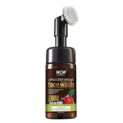 WOW Skin Science Apple Cider Vinegar Foaming Face Wash - with Organic Certified Himalayan Apple Cider Vinegar - No Parabens, Sulphate, Silicones & Color (with Built-in Brush) - 150mL