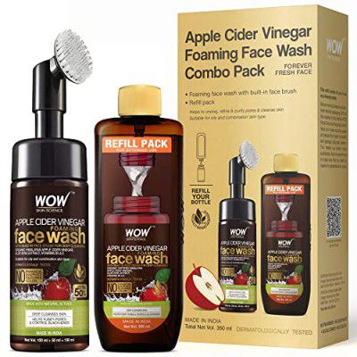 WOW Skin Science Apple Cider Vinegar Foaming Face Wash Combo Pack | Built in Brush | Refill Pack | For Oily Skin | Fresh, Clear Skin | Paraben & Sulphates Free | 350 ml