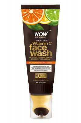 WOW Skin Science Brightening Vitamin C Foaming Face Wash GEL with Built-In Face Brush for Deep Cleansing - No Parabens, Sulphate, Silicones & Color, 100 ml Tube