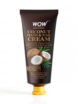 WOW Skin Science Coconut Hand & Nail Cream - Moisturizing & Replenishing - Lightweight & Non-Greasy - Quick Absorb - for All Skin Types - No Parabens, Silicones, Mineral Oil & Color - 50mL