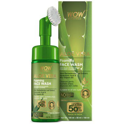 WOW Skin Science Foaming Aloe Vera Face Wash | Built in Brush for Deep Cleansing | For Oily & Dry Skin | Anti Acne | Gentle, Clear Skin | 150 ml