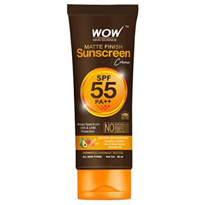 WOW Skin Science Sunscreen SPF 55 PA++ Matte Finish| Broad Spectrum - UVA&UVB Protection | With Raspberry rich in Vitamin C, Avocado, and Carrot Seed Extract | All Skin Types | For Women & Men- 80ml