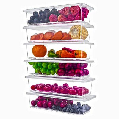 Xiran 6 Fridge Storage Boxes Fridge Organizer Removable Drain Plate and Lid Stackable Fridge Storage Containers Plastic Freezer Storage Containers(1500ML)