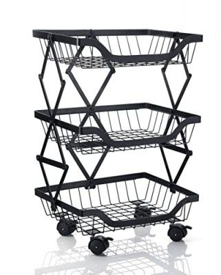 XL Kitchen 3 Layer Folding & Movable Storage Basket with Lockable Wheels (Color - Black, Folding)