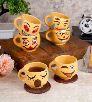 Yellow 100 Ml Ceramic Emoji 6 Pcs Tea Cup