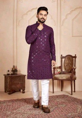 Youthfashion Men Solid Cotton Blend Ethnic Dress (Purple)