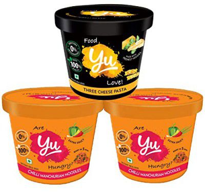 Yu - Cup Noodles & Pasta - 2 Chilli Manchurian Noodles + 1 Three Cheese Pasta - Combo Pack - Instant Food - No Preservatives - 100% Natural & Veg - Ready To Eat Instant Noodles - 205g (Pack of 3)