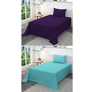 YUKU 210TC Glace Cotton Satin Stripes Combo Pack of 2 Plain Single Bed Bedsheet with 2 Pillow Cover,Voilet & Sky Blue