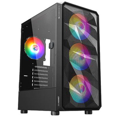 ZEBRONICS Hornet Mid-Tower Premium Gaming Cabinet ATX, 4 ARGB Fan, LED Control Switch, Window Tempered Glass Panel, USB 3.0, Top AIO Cooler Support, Magnetic Dust Filter (Black)