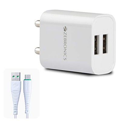 ZEBRONICS Zeb-MA5222 USB Charger Adapter with 1 Metre Micro USB Cable, 2 USB Ports, for Mobile Phone/Tablets (White)